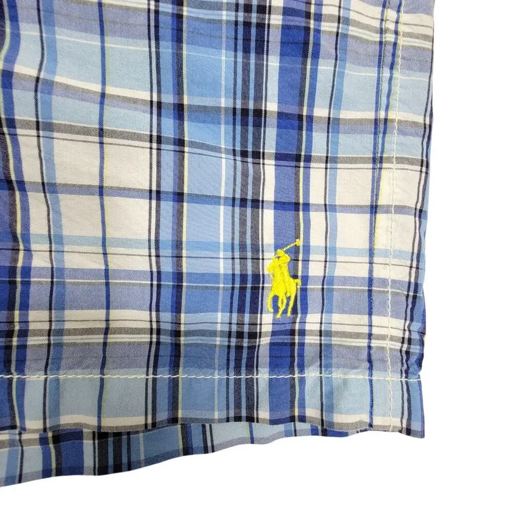 Polo Ralph Lauren Mens L Swim Trunks Blue Plaid Board Shorts Bathing Suit Pony